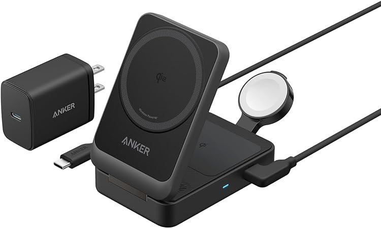 Anker MagGo 3-in-1 Charging Station, Qi2 Certified 15W MagSafe-Compatible Wireless Charger Stand, Apple Watch Charger for MagSafe, For iPhone 15/14, AirPods, Apple Watch 9 (40W USB-C Charger Included)