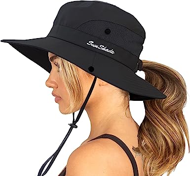 Womens Summer Sun-Hat Outdoor UV Protection Fishing Hat Wide Brim Foldable-Beach-Bucket-Hat with Ponytail-Hole