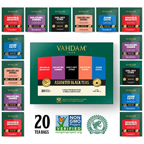 Vahdam, Black Tea Sampler, 5 Teas - Tea Variety Pack | Assorted Black Tea Bags | English Breakfast, Darjeeling, Assam, Earl Grey Tea Bags | 20 Count | Finest Tea Gift Set & Tea Gift For Tea Lovers