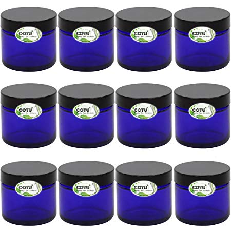 12 x 2oz New & Empty Cobalt Blue Glass Jars with Black Smooth Lids w Liner by COTU (R)