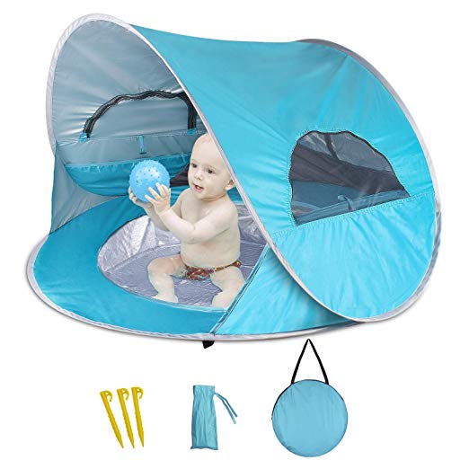 Kumet Baby Beach Tent with Built-in Pool, Infant Pop Up Tent with 2 Mesh Side Windows, 2 Side Pockets, UPF 50  Sun Shade Shelter with Rear Zipper Panel for Aged 0-3, Fits 1-2 Children