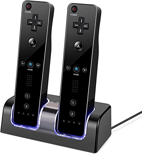 TNP Wii Charging Station for Wii Remote - Dual Port Wiimote Controller Charger Dock Cradle with 2 Rechargeable Power Supply Adapter & LED Light Compatible with Nintendo Wii U Gaming Console Control