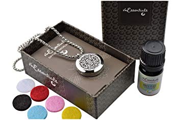 Wrought Iron Essential Oil Diffuser Necklace Stainless Steel Locket Pendant with 24" Chain, Oil, and pads in Gift Box