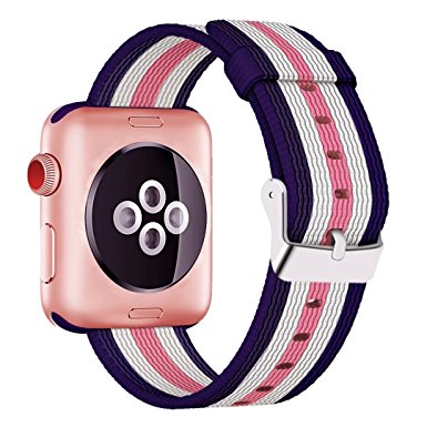 Yichan Woven Nylon Fabric Wrist Strap Replacement Band with Classic Square Stainless Steel Buckle for Apple iWatch Series 1 / 2 / 3,Sport & Edition,38mm,Lightpink White Darkblue Stripes