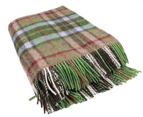 Plaid Throw Blanket Green and Brown Wool 75”x54” Ireland Made