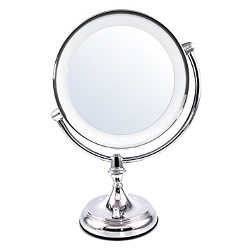 Ovente MGT95CH 9.5 Inch LED Lighted Tabletop Makeup Mirror, 1x/10 Magnification, Polished Chrome