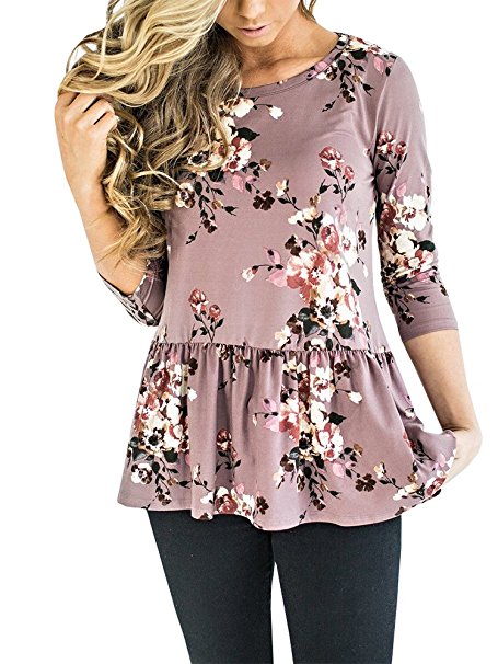 Tutorutor Women's Peplum Tops Floral Print 3/4 Sleeve T Shirts 2018 Summer Cute Loose Blouse