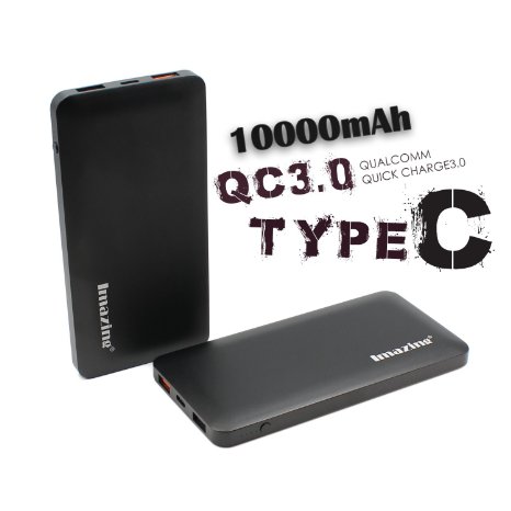 Imazing 10000mah Qualcomm Quick Charge 3.0 Type C 5V/3A input & output Power Bank Portable Charger External Battery Pack 3A   3.0 5V 9V 12V (Black)