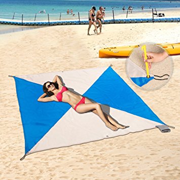 Pocket Blankets,Compact Picnic / Beach Blanket Sheet - XL Extra Large (83 x 83 Inches) for 4 - 6 people with 6 Ground Stakes