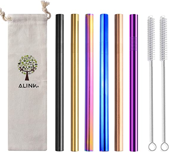 ALINK Extra Wide Reusable Stainless Steel Boba Smoothie Straws, 12mm Jumbo Metal Bubble Tea Straws, Pack of 6 with Cleaning Brush & Carrying Case(6 color)