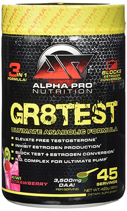GR8TEST Testosterone Booster Alpha Pro Nutrition, Estrogen Blocker / No Caffeine Pre Workout with estro block, Post Workout, Anti Aromatase, 45 servings Kiwi Strawberry