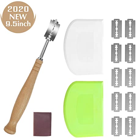 Bread Lame and Dough Scraper Set, 2 Pieces Food-safe Plastic Flexible Dough Bench Cutter, Dough Scoring Knife Tool with 10 Replaceable Razor Blades and Leather Protective Cover, Gift for Artisan Bread