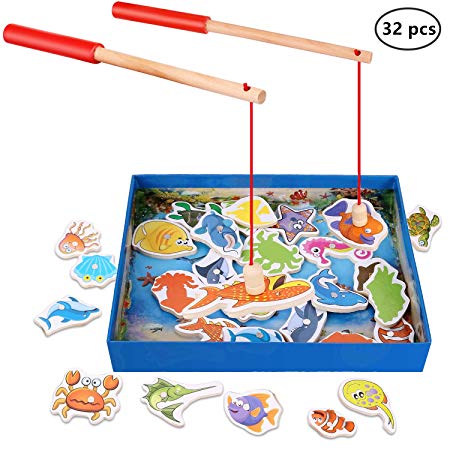 Magnetic Wooden Fishing Toy Set - Fishing Game Lets Go Fishing Toy Game 32Piece Fishes Basic Educational Development Wooden Magnetic Bath Fishing Travel Table Toy Halloween Christmas Birthday Gift for