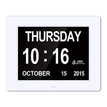 Day Clock, Hosyo 8" Memory Loss Dementia Clock Digital Calendar Clock Day & Month Alarm Desk Clocks(White)