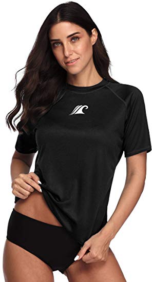 ATTRACO Women's UPF 50  Short Sleeved Active Rashguard Solid Workout Top Sports Swim Tee