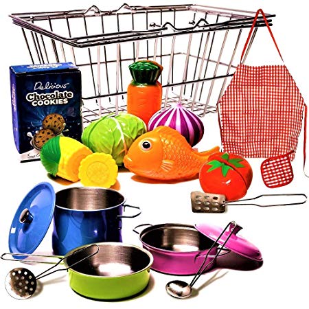 Stainless-steel Shopping Basket and Stainless Toy Kitchen Pots and Pans with Utensils - Beautiful Fish and Play Vegetables Toys - Apron - Pretend Play Grocery & Cooking For Toddlers Boys and Girls