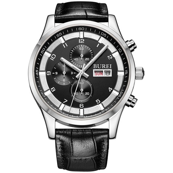 BUREI® Men's Multifunction Chronograph Watch with Calendar and Black Leather Band