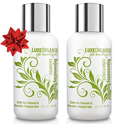 LuxeOrganix Travel Shampoo and Conditioner Set, Sulfate Free, Safe for Color Treated, Keratin Treated Hair - Moroccan Argan Oil (2.0 oz each)