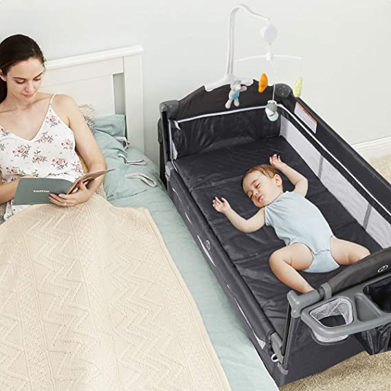 Lovinouse 5 in 1 Baby Bassinet Beside Sleeper Bed Side Crib, Includes Mattress, Diaper Changer, Hanging Toys, Portable Travel Crib for Girl Boy Infant Newborn
