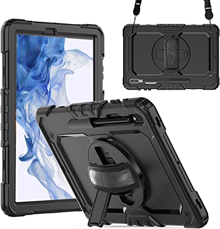 ZenRich Galaxy Tab S8 Plus Case 2022/ S7 FE Case 12.4 inch 2021, zenrich Samsung Galaxy Tab S8 Plus Rugged Case with Stand Hand Strap and Shoulder Belt for SM-X800/X805/T730/T735/T736,Black