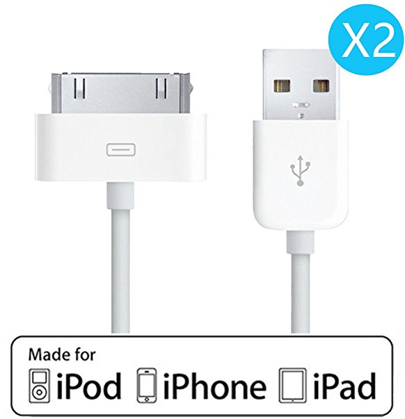 [Apple MFI Certified] ACEPower 2 Pack 10ft 3M [ EXTRA LONG ] 30-pin USB Sync and Charging Cable for iPhone 4/4S, iPhone 3G/3GS, iPad 1/2/3, iPod / White (Retail Packaging)