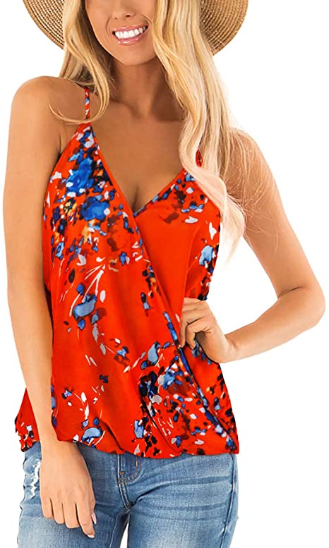 Aokosor Womens Deep V Neck Wrap Spaghetti Strap Tank Tops Summer Sleeveless Shirts Blouses