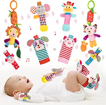 Joyshare Baby Rattles Toys Soft Hanging Rattle Toy, Handheld Rattles Wrist Rattle and Foot Sock Rattles Set Plush Stuffed Infant Toys 0-3 3-6 6-12 Months Baby Gift for Newborns