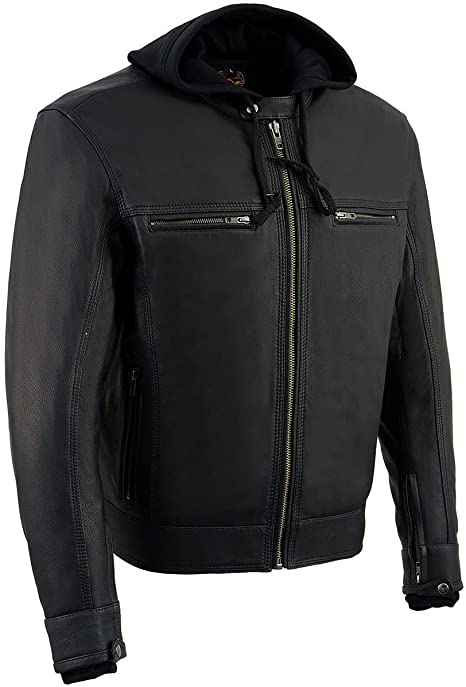 Milwaukee Leather MLM1552 Men's Black Leather ‘Utility Pocket’ Vented Scooter Style Motorcycle Jacket w/Hoodie