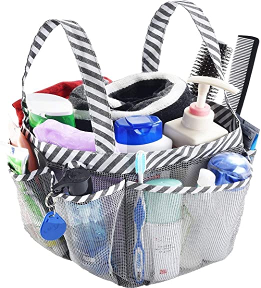 iHomeYC Portable Mesh Shower Caddy, Camping Bathroom Shower Caddy Tote, College Dorm Room Essentials Organizer with Key Hook and 8 Basket Pockets, Grey