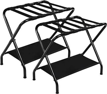 ELYKEN 2 Pack Luggage Rack for Guest Room, Folding Suitcase Stand with Storage Shelf, Heavy Duty Steel Frame, Max Load 132 LBS, Easily Assemble Luggage Holder for Bedroom Hotel, Black