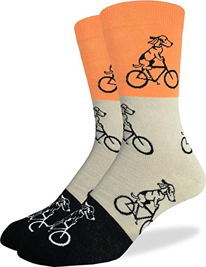 Good Luck Sock Men's Orange Dogs Riding Bikes Crew Socks, Shoe size 7-12, Orange/Grey