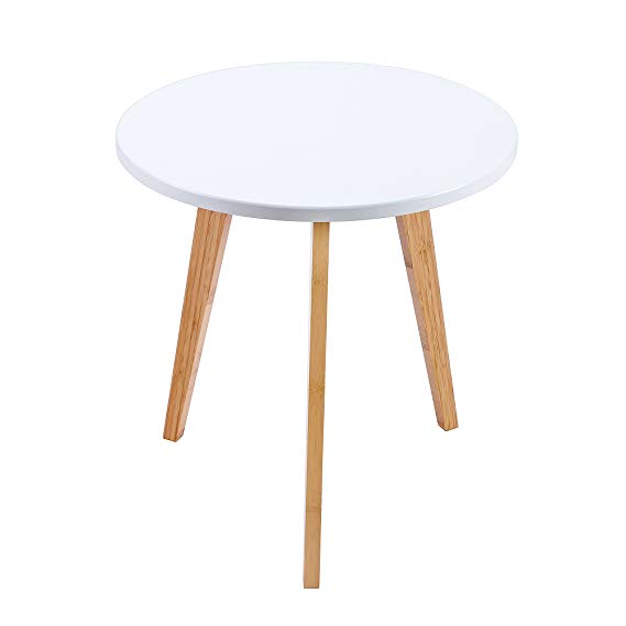 WILSHINE Small Round End Table for Small Spaces in Living Room/Bedroom with White Table Top and 3 Natural Bamboo Legs