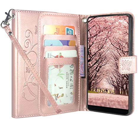 Essential Phone PH-1 Case, Linkertech [Card Slots & Wrist Strap] PU Leather Wallet Flip Pouch Case with Foldable Cover and Kickstand Feature for Essential Phone PH-1 (Rose Gold)