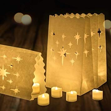 Homemory 12Pcs Luminary Bags with 24 LED Tealights - Flickering Battery Operated Tea Lights and Star Luminary Bags for Wedding, Party, Holiday