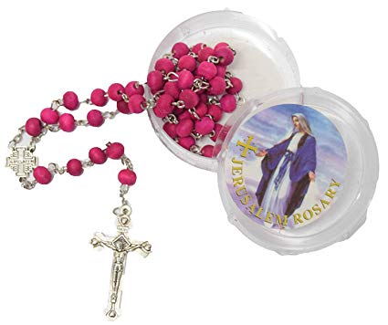 BLESSED CATHOLIC ROSARY NECKLACE Red Rose Scented Wood Beads Jerusalem Cross Crucifix in Gift Box
