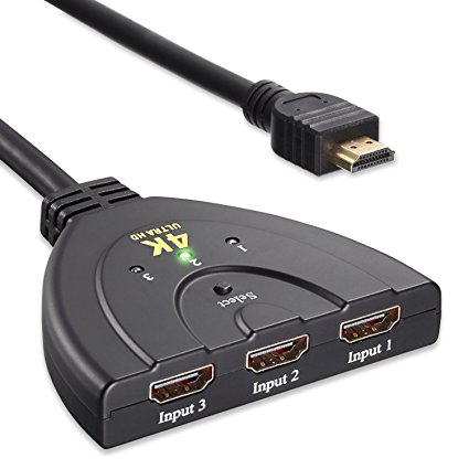 Maxesla HDMI Switch 4K, 3 Port HDMI Switch Splitter 4Kx2K with Pigtail HDMI Cable, Gold Plated Connector, 4K Ultra HD 3D support, 3 Input 1 Output HDMI Switcher for HDTV, PS3, Xbox One, 360, Bluray Player, DVD Player etc.