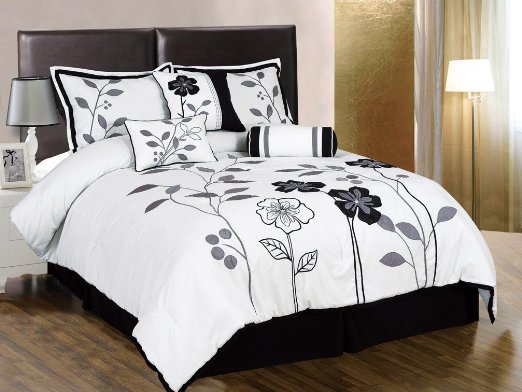 Chezmoi Collection 7-Piece White, Grey, and Black Lily with Leaf Applique Comforter 90-Inch by 92-Inch Set, Bed-in-a-bag Queen Size Bedding