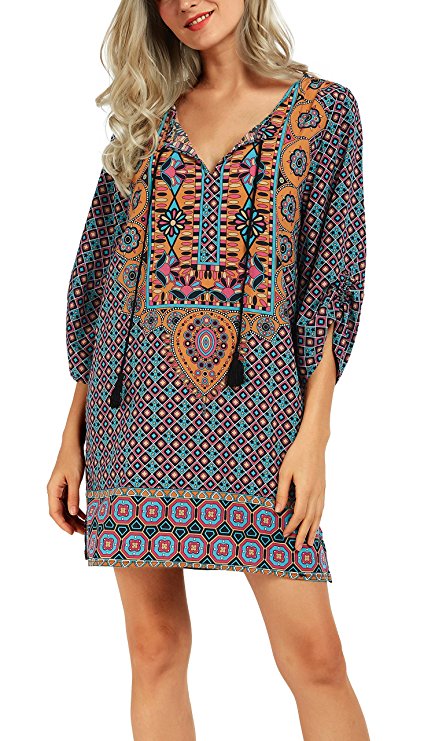 Urban CoCo Women Bohemian Neck Tie Vintage Printed Ethnic Style Summer Shift Dress