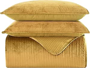 Elegant Comfort Luxury 3-Piece Velvet Corduroy Stripe Quilt Set, Ultra Soft Bedspread - Cozy Velvet Coverlet Set - 3PC Medium Weight Quilted Set with Matching Pillow Shams, Twin, Gold