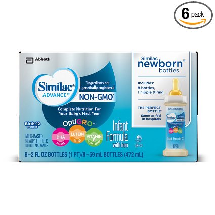 Similac Advance Newborn Infant Formula with Iron, Stage 1 Ready-to-Feed bottles, 2 fl oz, 8 count (Pack of 6) (Packaging May Vary)