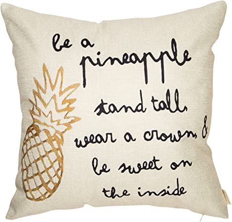 Fahrendom Be a Pineapple Stand Tall Wear a Crown Inspirational Quote Décor Spring Summer Farmhouse Decoration Cotton Linen Home Decorative Throw Pillow Case Cushion Cover for Sofa Couch 18 x 18 in