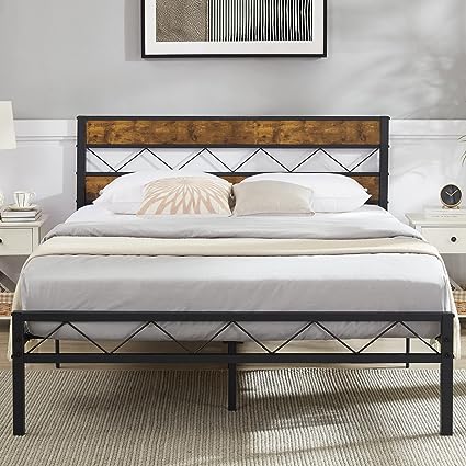 VECELO Full Metal Platform Bed Frame with Rustic Vintage Wooden Headboard, Heavy Duty Metal Slats Support, Platform Mattress Base No Box Spring Needed, No Noise, Easy Assembly