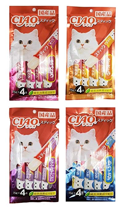 INABA CIAO Churu Stick Cat Lickable Puree Creamy Cat Treat, Original Japan Cat Snacks 4 Pack 16tube X 15g