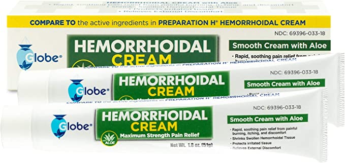 Globe Hemorrhoid Symptom Treatment Cream, Pain Relief with Aloe, (1.8 Ounce Tube) Relief from Hemorrhoids, Piles, Itching, Burning, Discomfort, & More - (2 Pack)