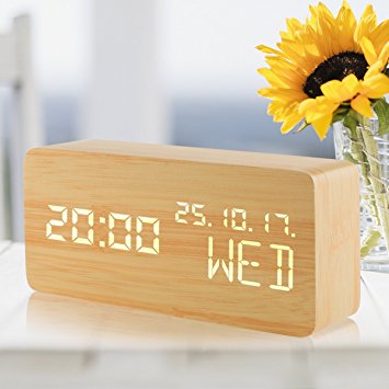 Alarm Clock, Wood Alarm Clock Voice Control Electric Smart LED Travel Alarm Clock Modern Cube,3 Levels Brightness and 3 Alarms Settable,Digital Alarm Clock Display Time Date Week Temperature for Bedroom Office Home