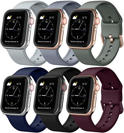CCnutri 6 Pack Bands Compatible for Apple Watch Band 38mm 40mm 42mm 44mm, Soft Silicone Sport Straps with Classic Buckle for Women Men Compatible with iWatch Series SE 6 5 4 3 2 1, 38mm/40mm