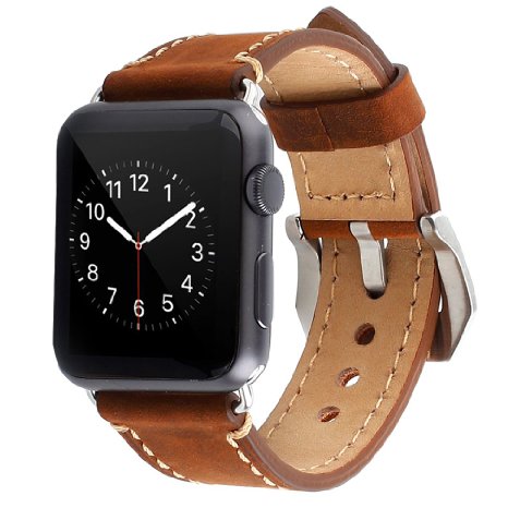 Apple Watch Band, 38mm iWatch Strap Premium Vintage Genuine Leather Replacement Watchband with Secure Metal Clasp Buckle for All Apple Watch Sport Edition (brown)