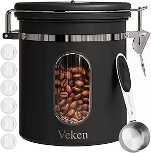 Veken Coffee Canister with Window, Airtight Stainless Steel Kitchen Food Storage Container with Date Tracker and Scoop for Grounds Coffee, Beans, Tea, Flour, Cereal, Sugar, 16OZ,Black