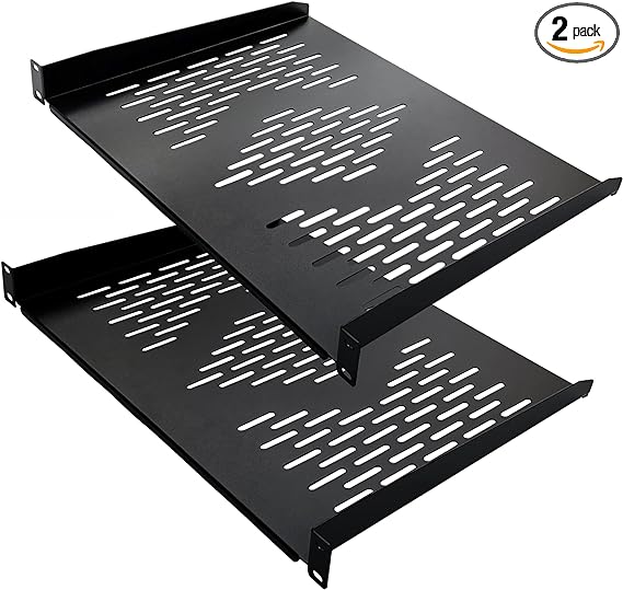 RIVECO 2 Pieces 1U Rack Shelves 19” Tray Cabinet Mount Vented Cantilevers for Network Equipment Shelf Mounting, 14 Inches 35CM Depth, Black 2PCS