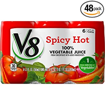 V8 Spicy Hot 100% Vegetable Juice, 5.5 oz. Can (8 Packs of 6, Total of 48)